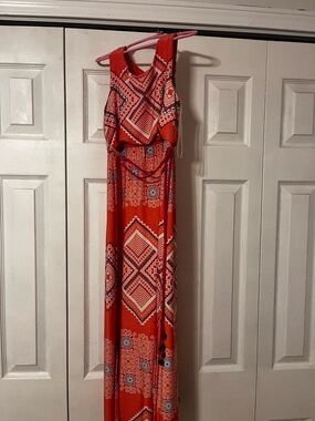 Three Hearts Red Geometric Sleeveless Maxi Dress